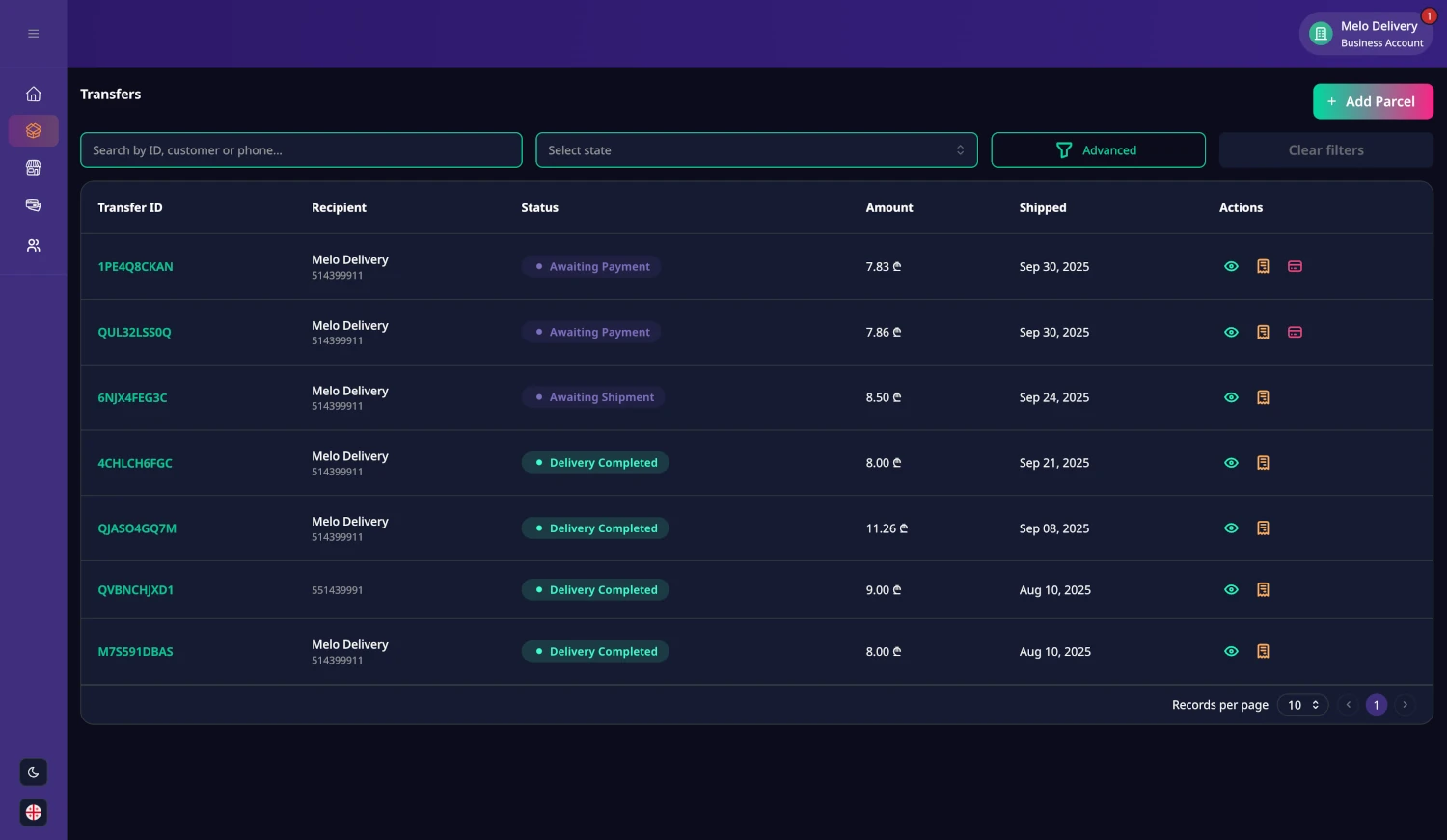 MELO delivery dashboard preview (dark theme)
