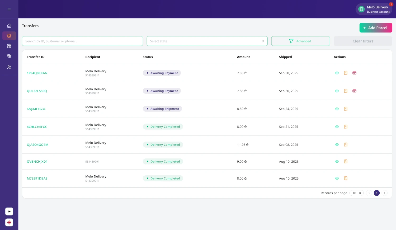 MELO delivery dashboard preview (light theme)